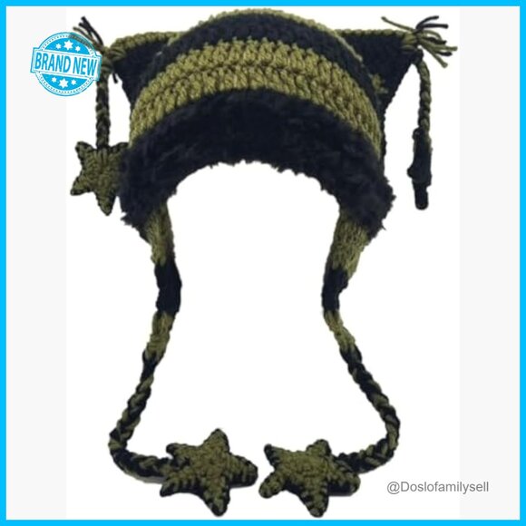 Y2K Cat Ear Beanie Goth Grunge Crochet Knit Hat Women\'s Winter Accessory